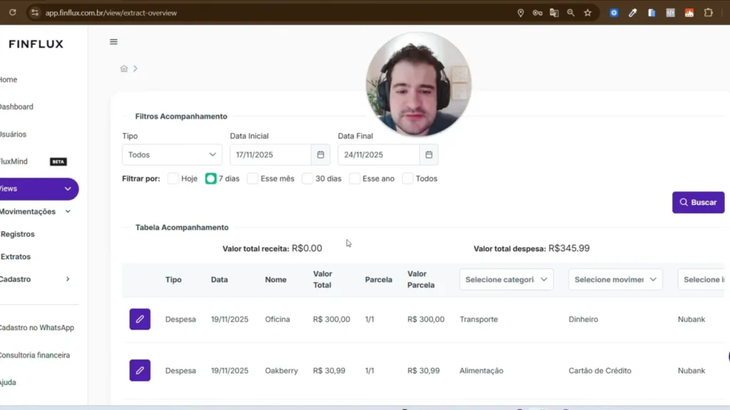 Tela de extrato do FinFlux com filtros de data e valores totais de receita e despesa