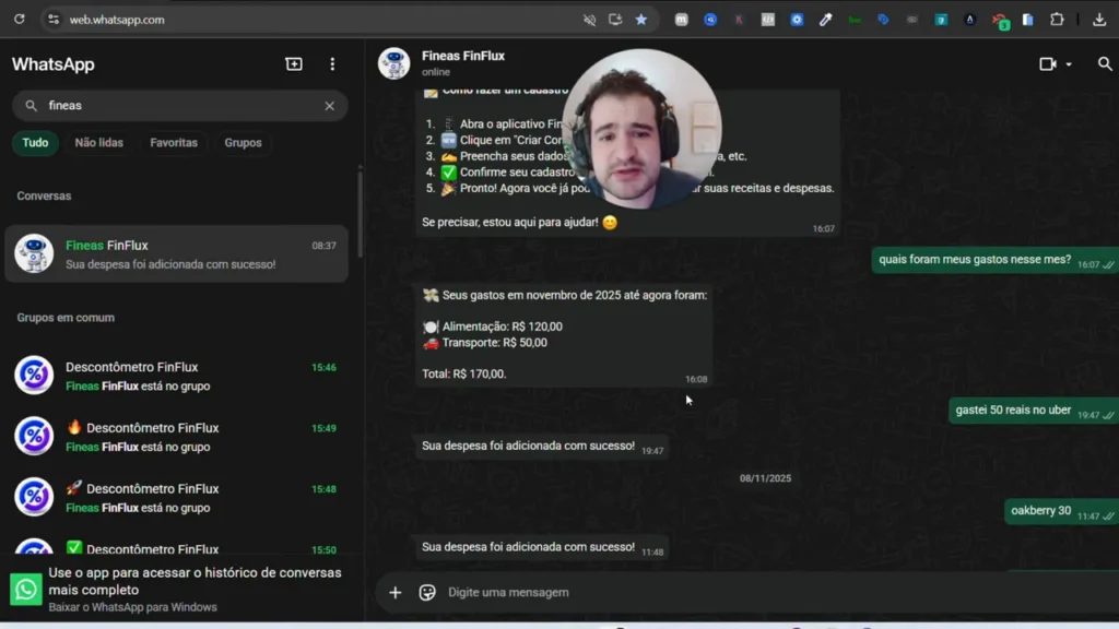 Conversa no WhatsApp mostrando mensagem do assistente com Alimentação R$120, Transporte R$50 e total R$170.