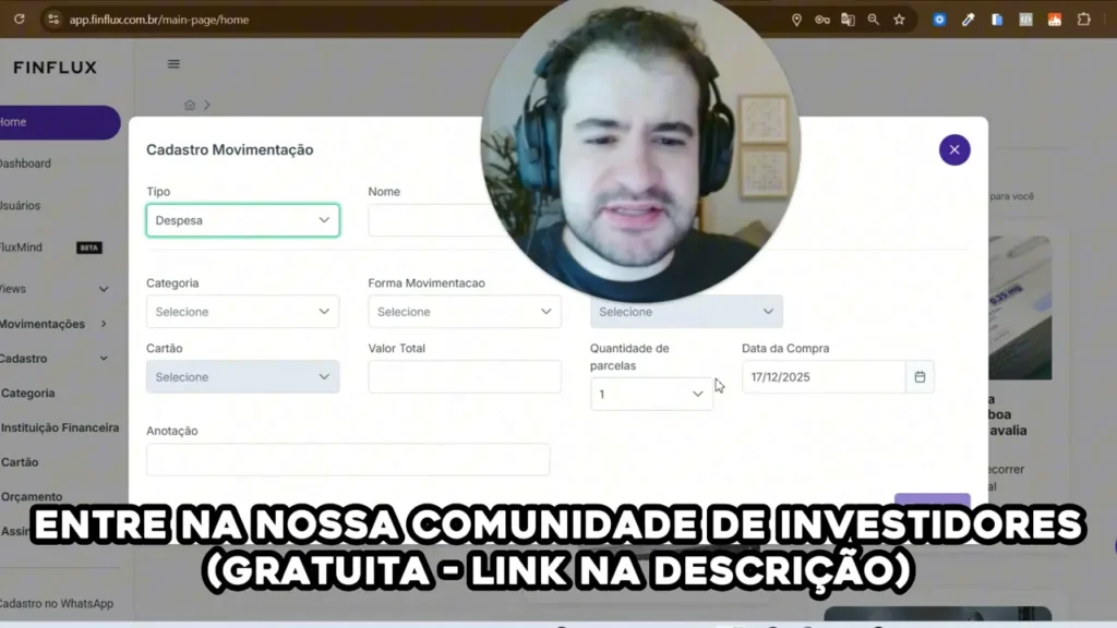 Tela de cadastro de despesa com campo 'Quantidade de parcelas', data da compra e campos de valor visíveis.