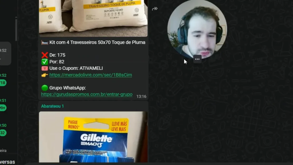 captura de tela de grupo de promoções mostrando travesseiros com preço antigo riscado, preço com desconto e indicação de cupom