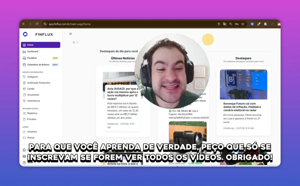 Nova navegação do Finflux com menu lateral refeito mostrando 'Minhas informações', 'Categorias' e 'Calendário de Boletos'