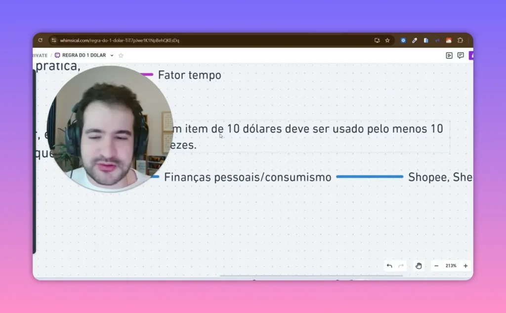 Captura de slide com a frase 'um item de 10 dólares deve ser usado pelo menos 10 vezes' e o apresentador em janela circular; slide limpo e legível