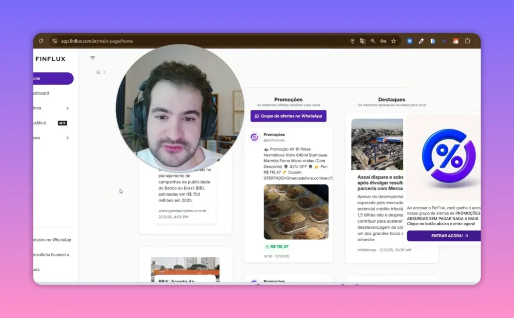 Visão clara do apresentador em sobreposição circular e do painel de promoções do FinFlux
