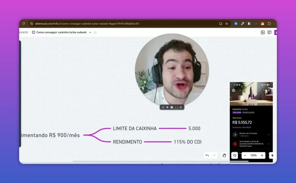 Exemplo no app com limite da caixinha Turbo de 115% do CDI para cliente normal (R$ 5.000)