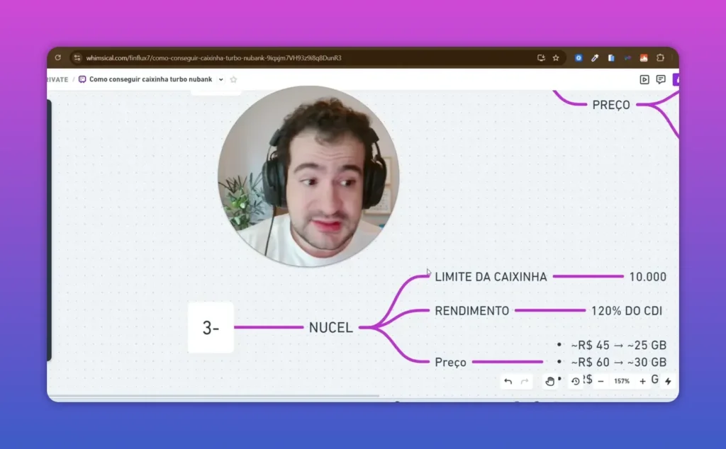 Tela do vídeo mostrando NuCel e caixinha Turbo com 120% do CDI e limite de R$ 10.000